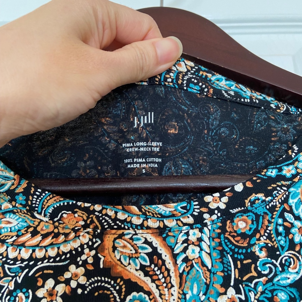 JJILL Pima Cotton  Paisley Pattern Long Sleeve Crew-Neck Tee Orange Blue NWOT